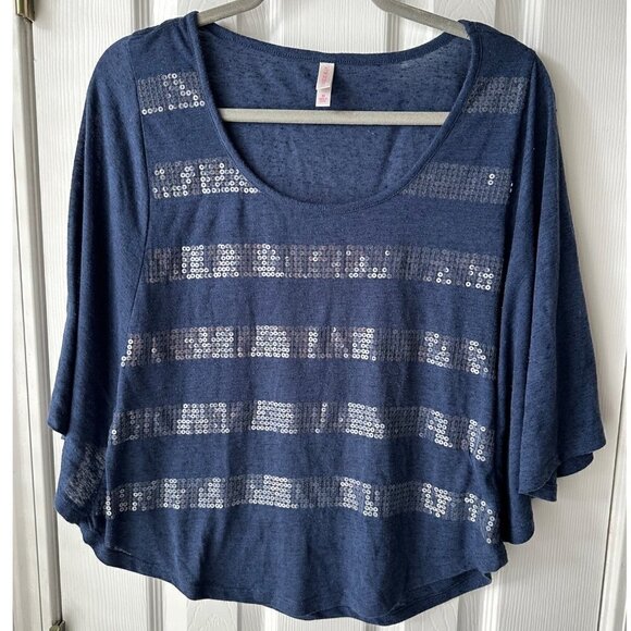Blue Sequin Striped Blouse Size Medium - Picture 1 of 4
